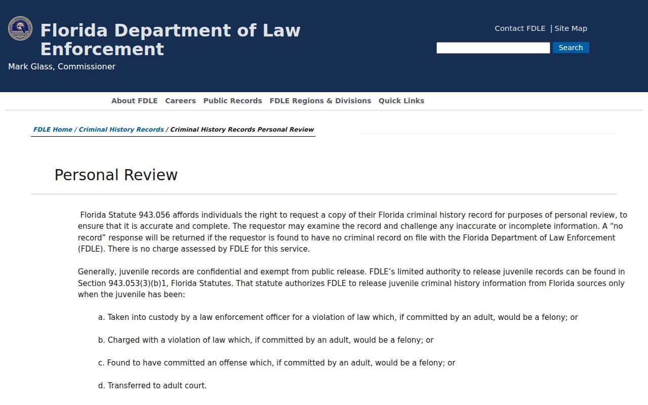 Marion County criminal history FDLE personal review instructions