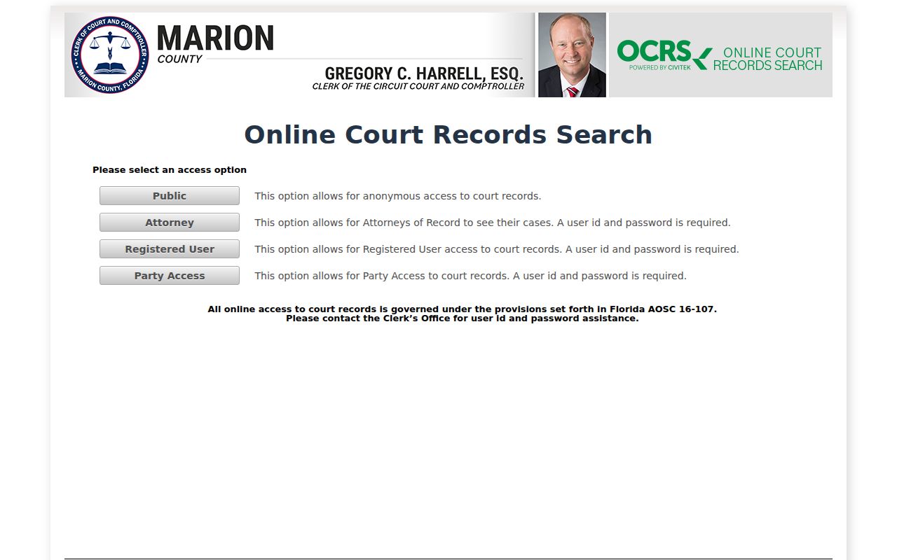 Marion County criminal history CiviTek search screen