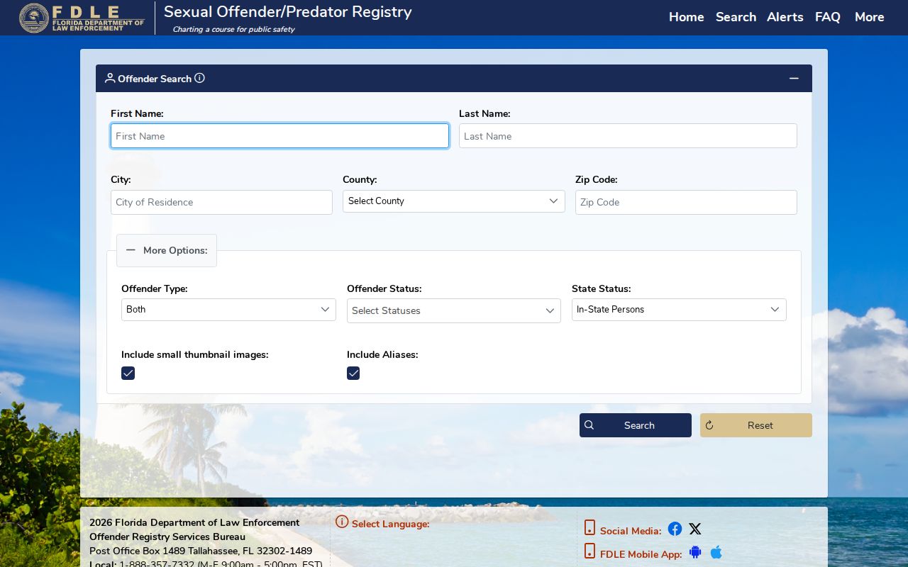 FDLE sexual offender name search fields and status filters