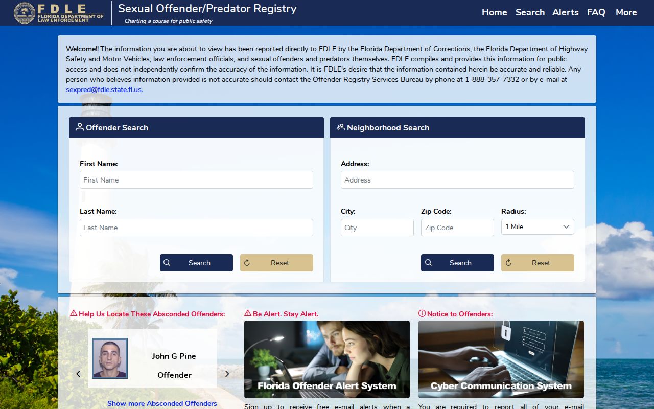 Florida Sexual Offenders and Predators Search landing screen